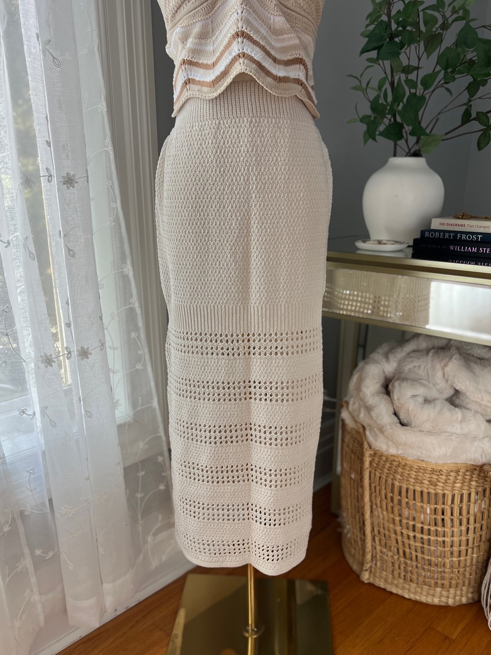 Cream Cotton Crochet Boho Knit Midi Skirt